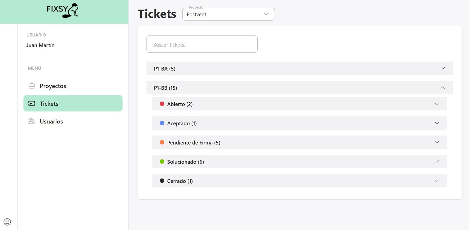 Panel de gestión de tickets de Fixsy para promotoras
